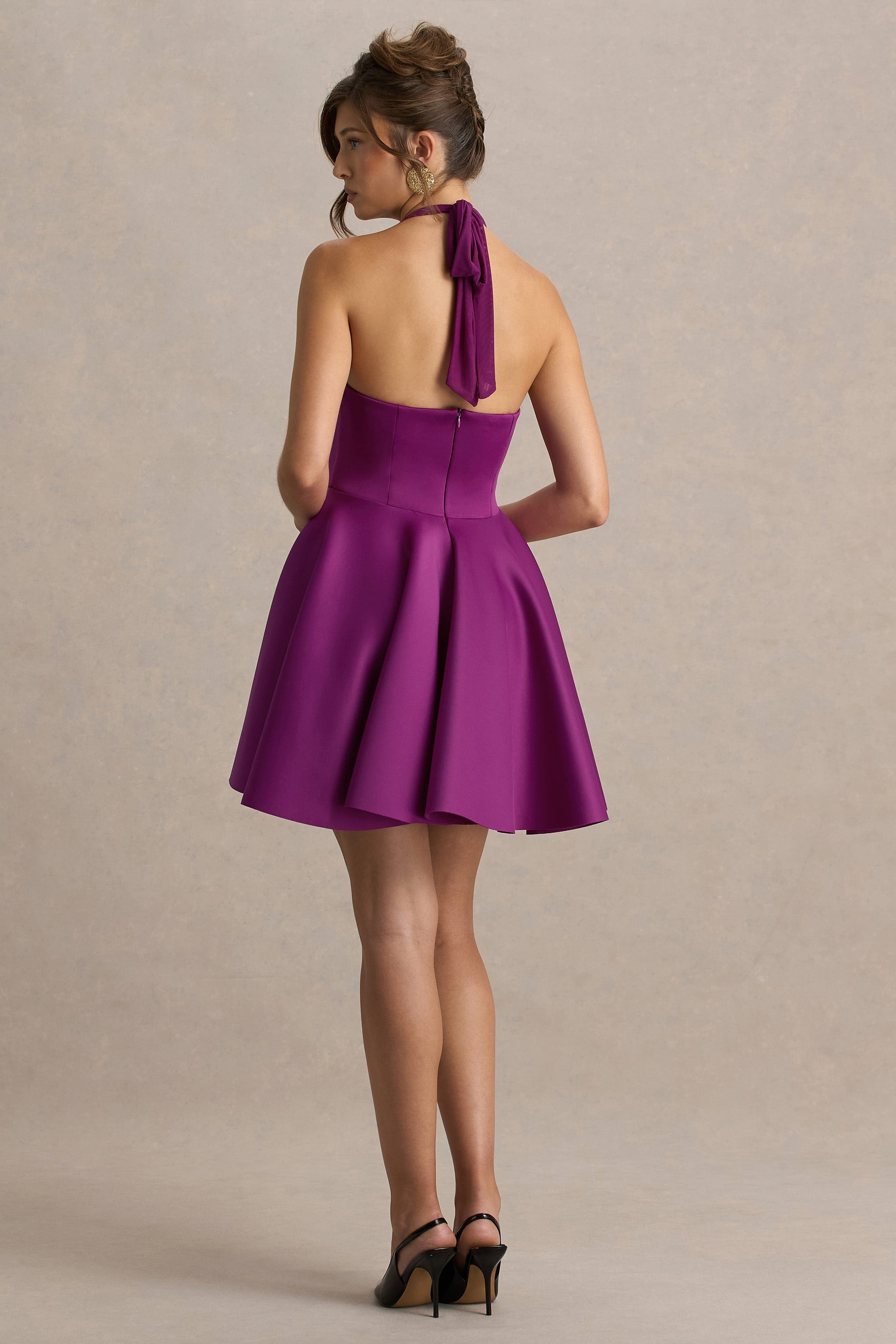 Peggy | Ciemno-purpurowa Sukienka mini typu Skater z dekoltem typu halter