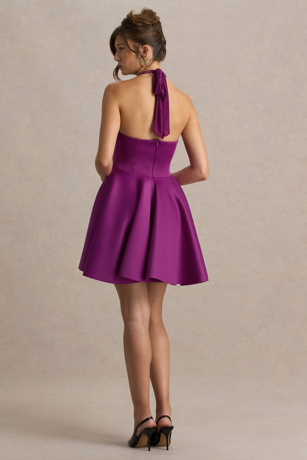 Peggy | Ciemno-purpurowa Sukienka mini typu Skater z dekoltem typu halter