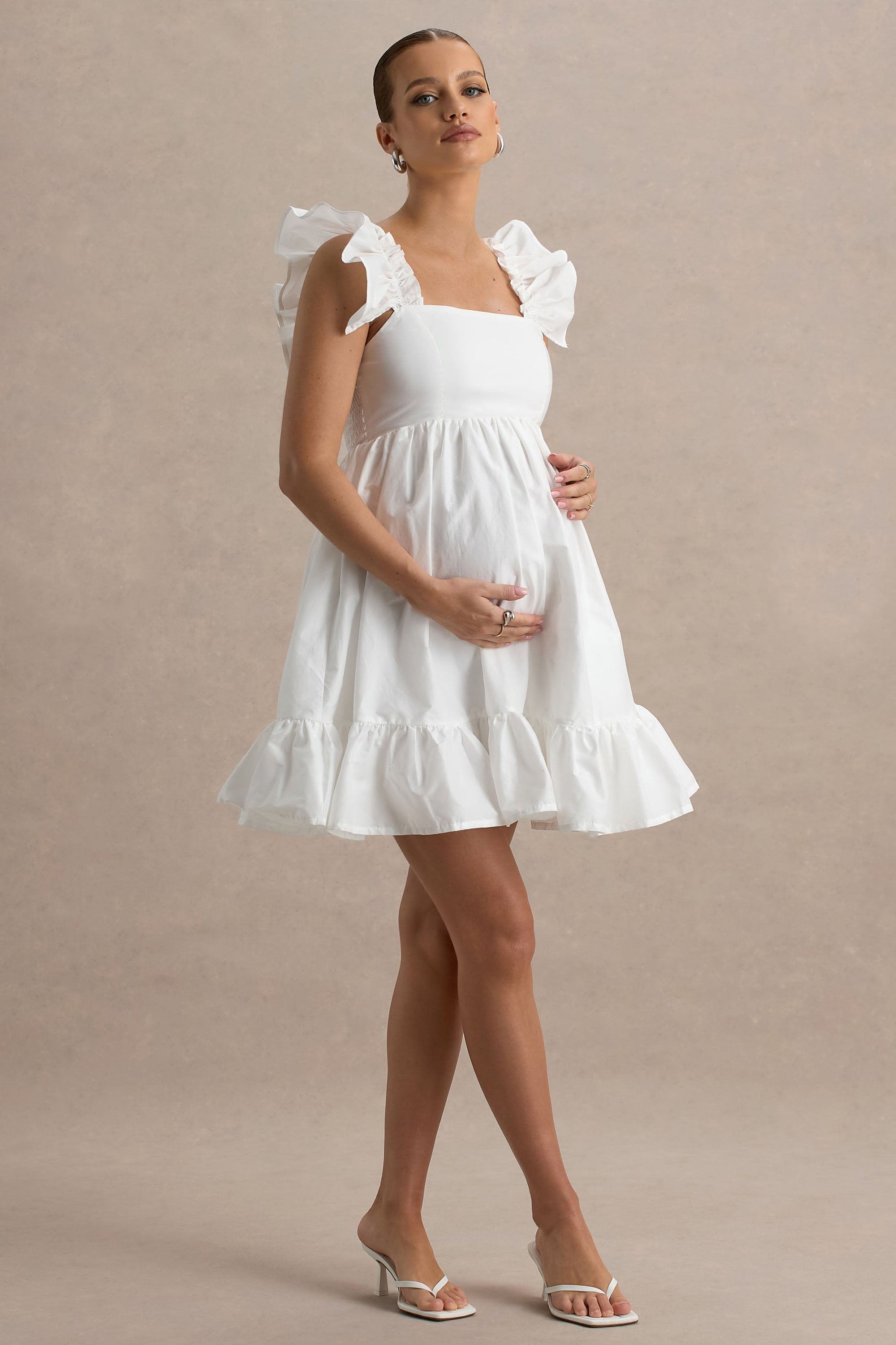 Dolly Daze | Biała Babydoll Sukienka Ciążowa Mini z bufiastymi rękawami