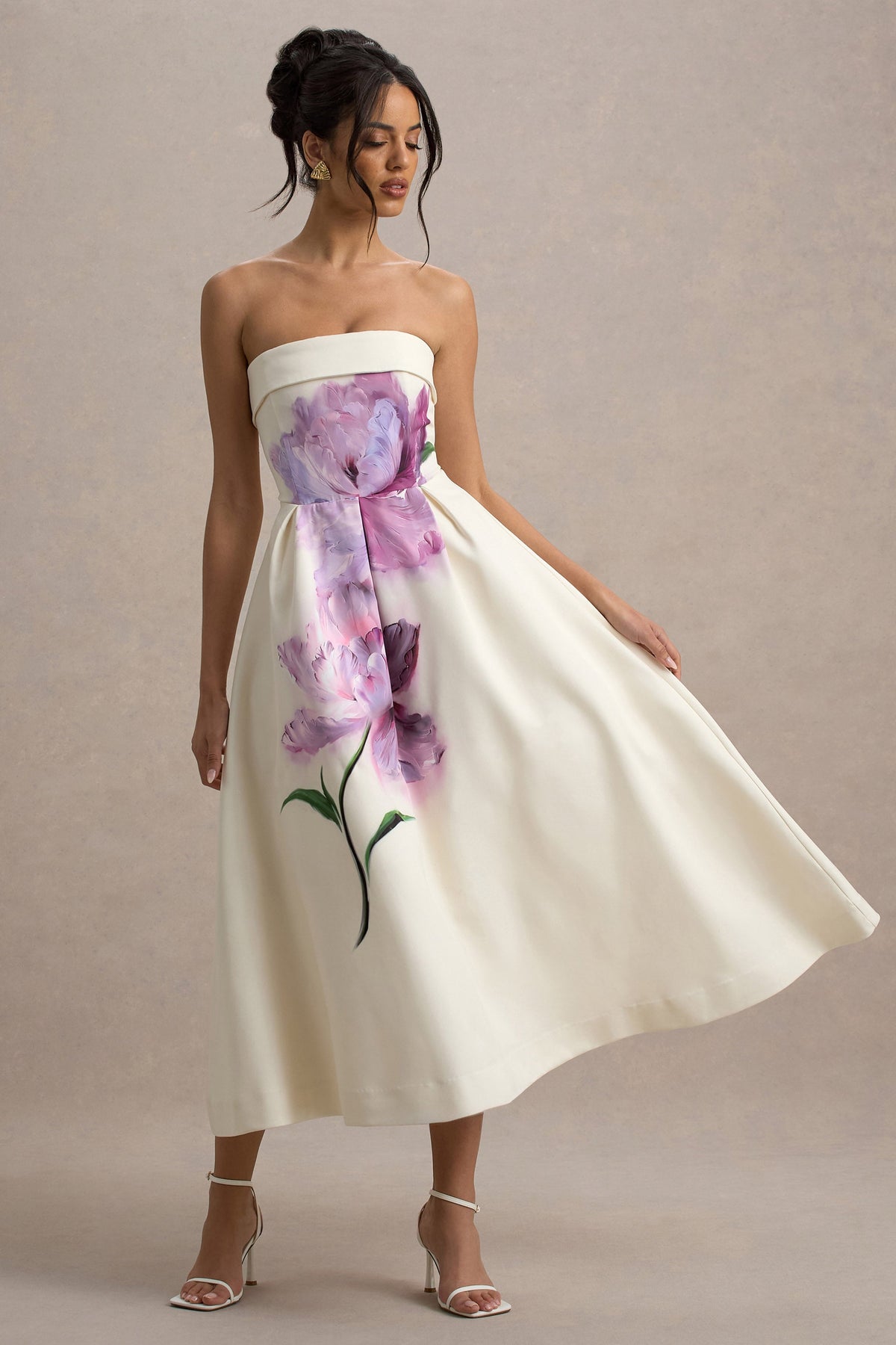 Annalise | Skater Sukienka Midi z Nadrukiem Piwonii i Dekoltem Typu Bandeau