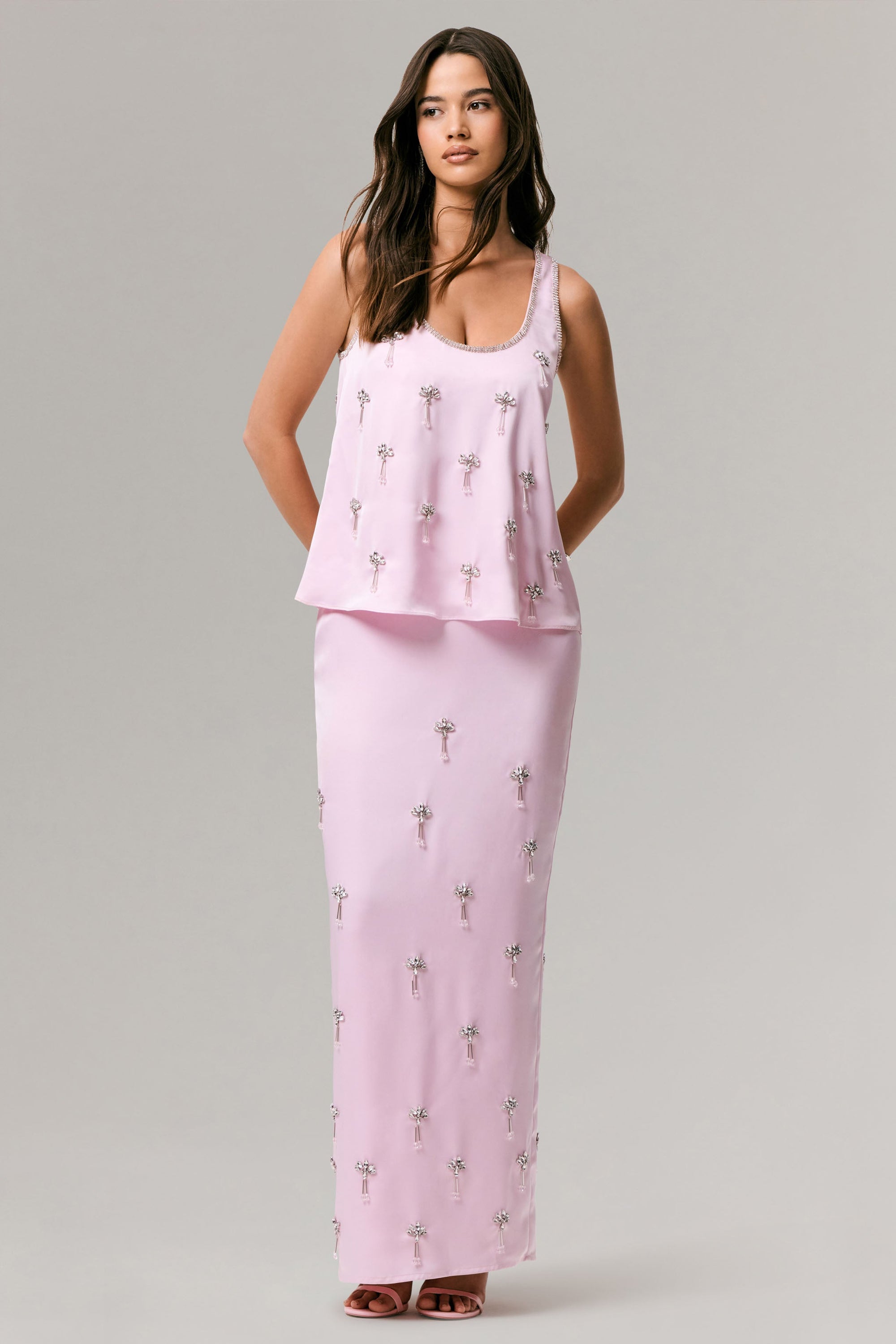 Lena | Różowa Satynowa spódnica maxi ze zdobieniami