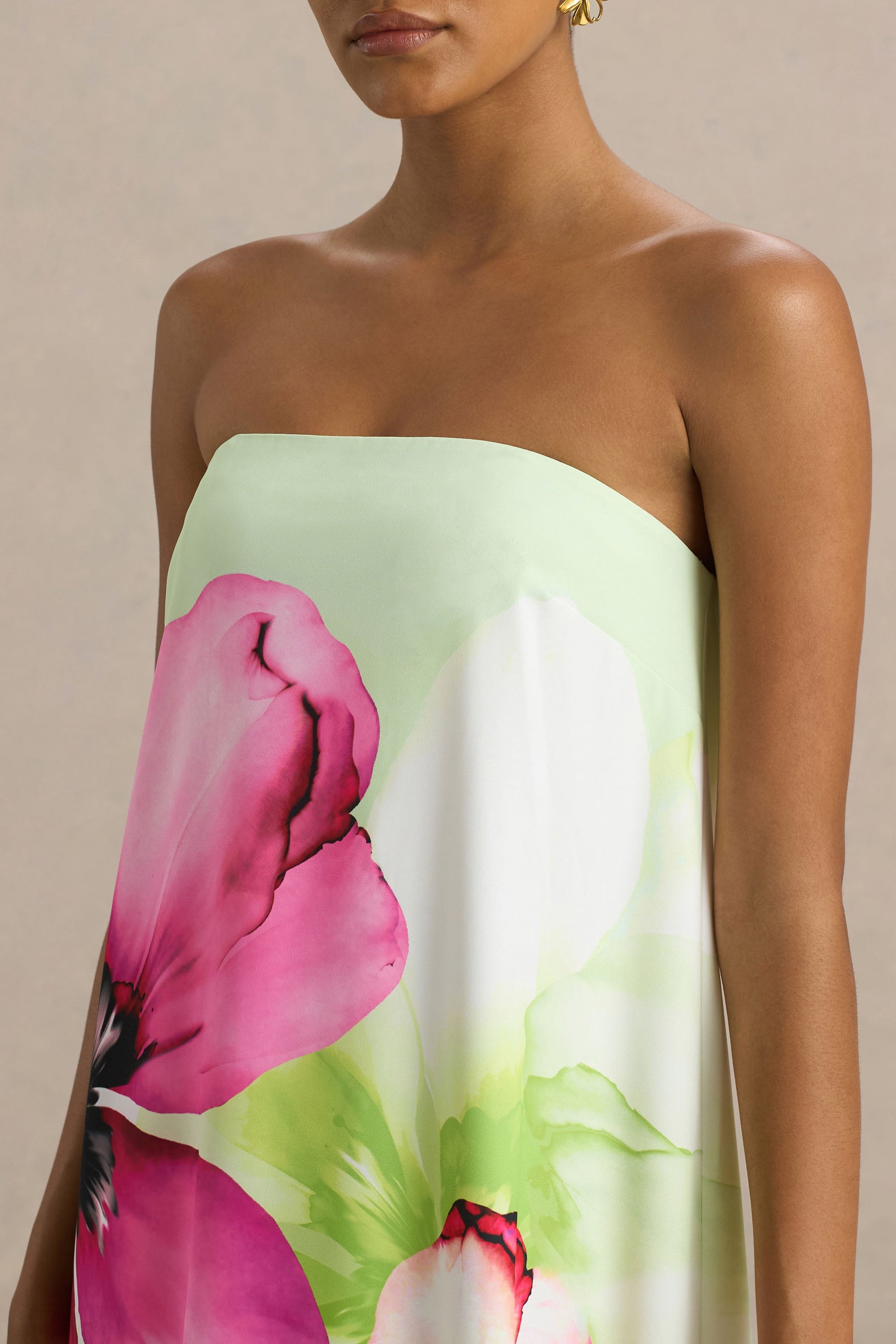Ellery | Limonkowa Sukienka Maxi w Kwiaty z Dekoltem Typu Bandeau