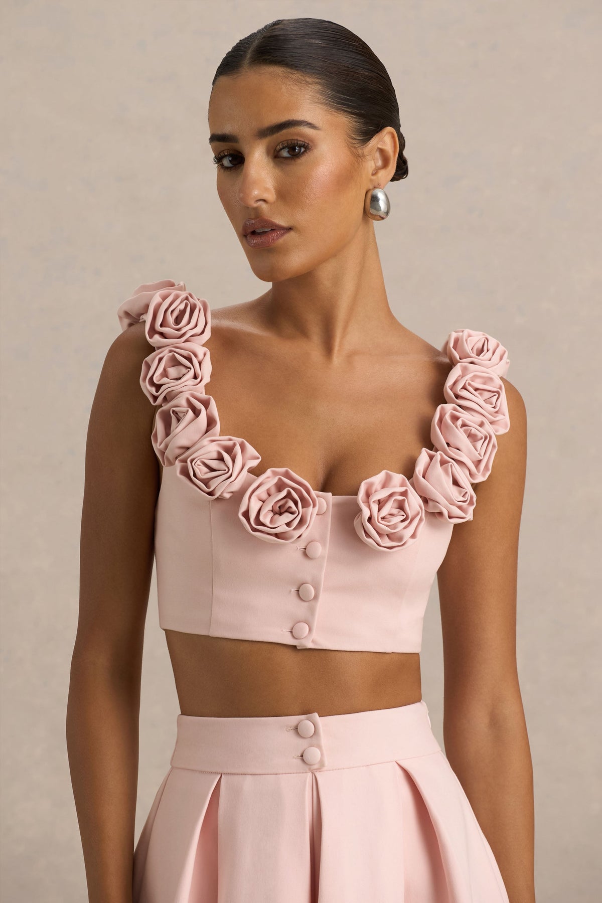 Blade | Różowy Crop Top z Okrągłym Dekoltem i Bukiecikami