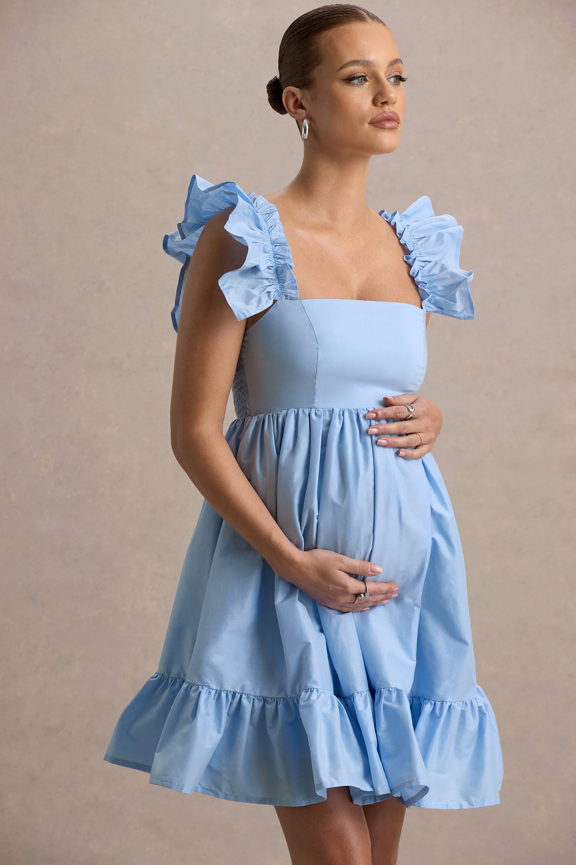 Dolly Daze | Błękitna Babydoll Sukienka Ciążowa Mini z bufiastymi rękawami