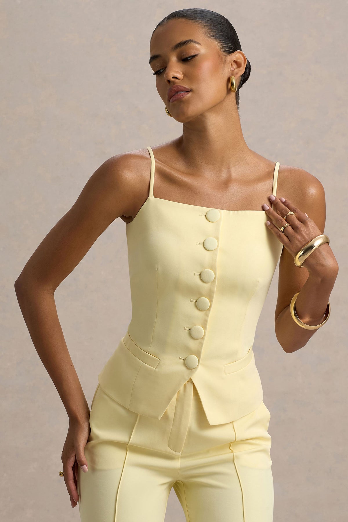 Nellie | Cytrynowy Dopasowany Top Zapinany na Guziki