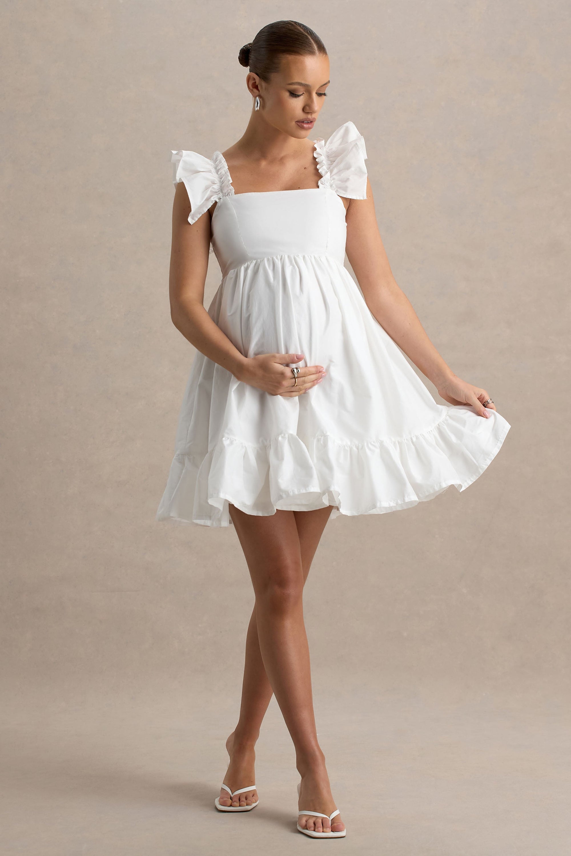 Dolly Daze | Biała Babydoll Sukienka Ciążowa Mini z bufiastymi rękawami