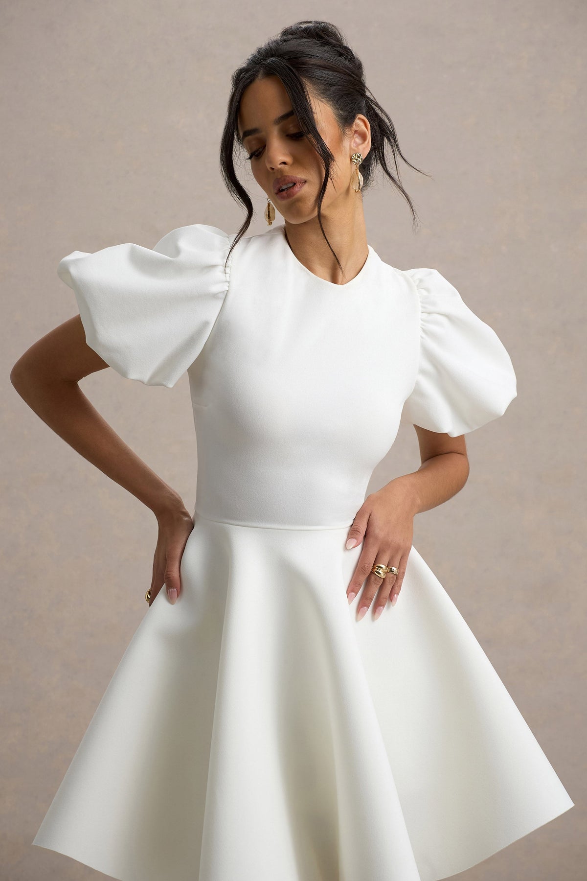 Emelia | Biała Skater Sukienka z bufiastymi rękawami