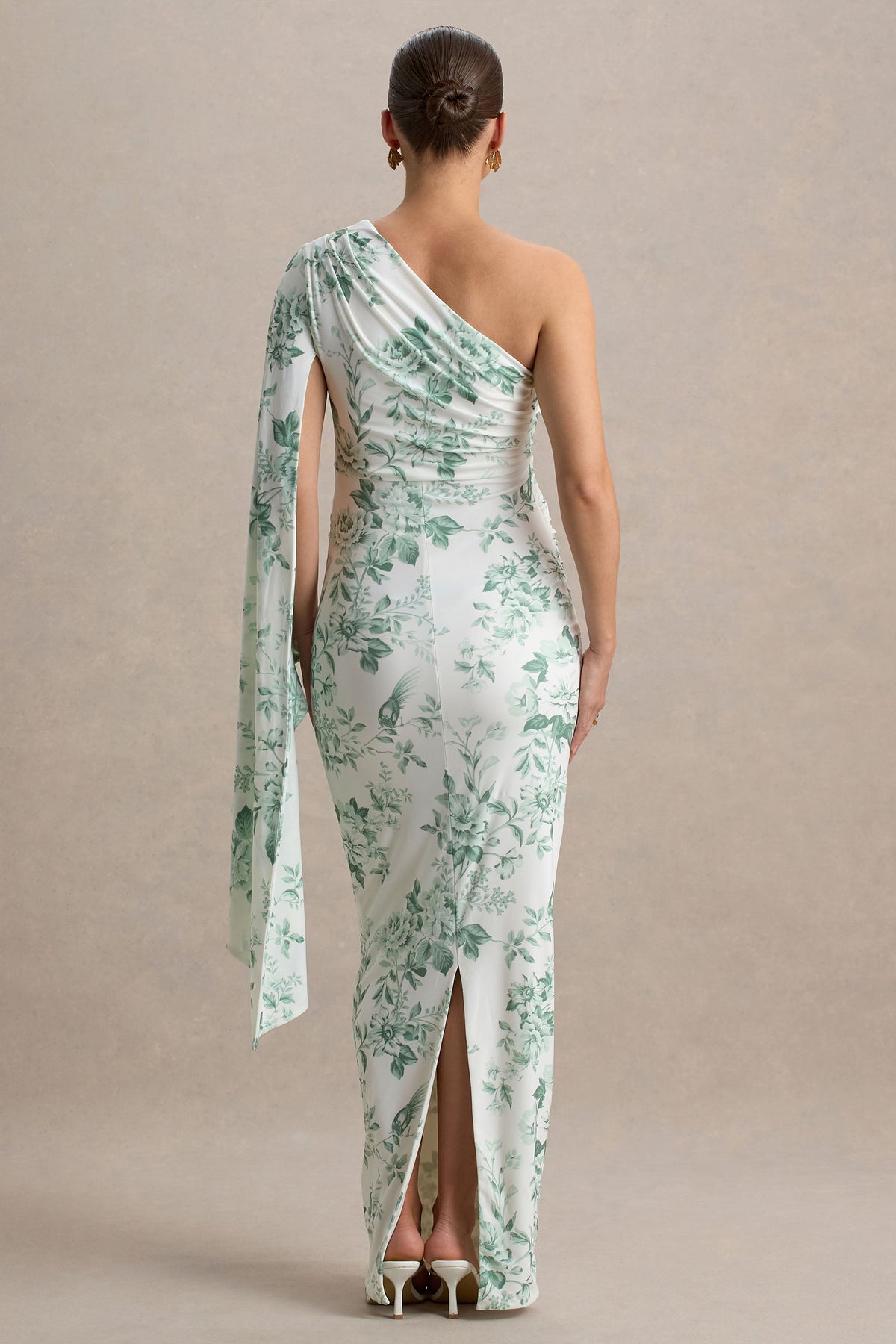 Aliana | Zielona Porcelanowa Asymetryczna Ciązowa Sukienka Maxi z Detalem Marszczonym