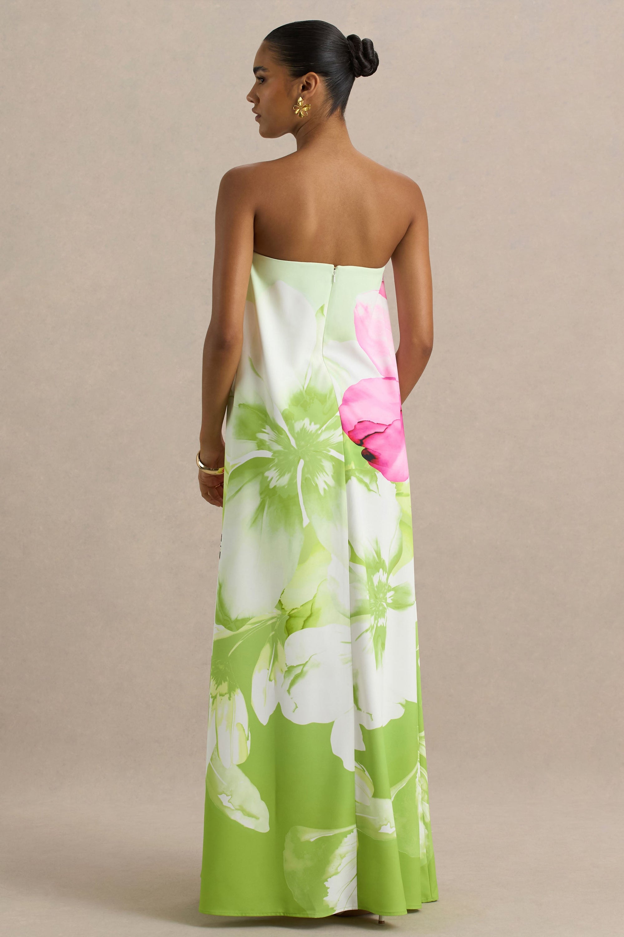 Ellery | Limonkowa Sukienka Maxi w Kwiaty z Dekoltem Typu Bandeau