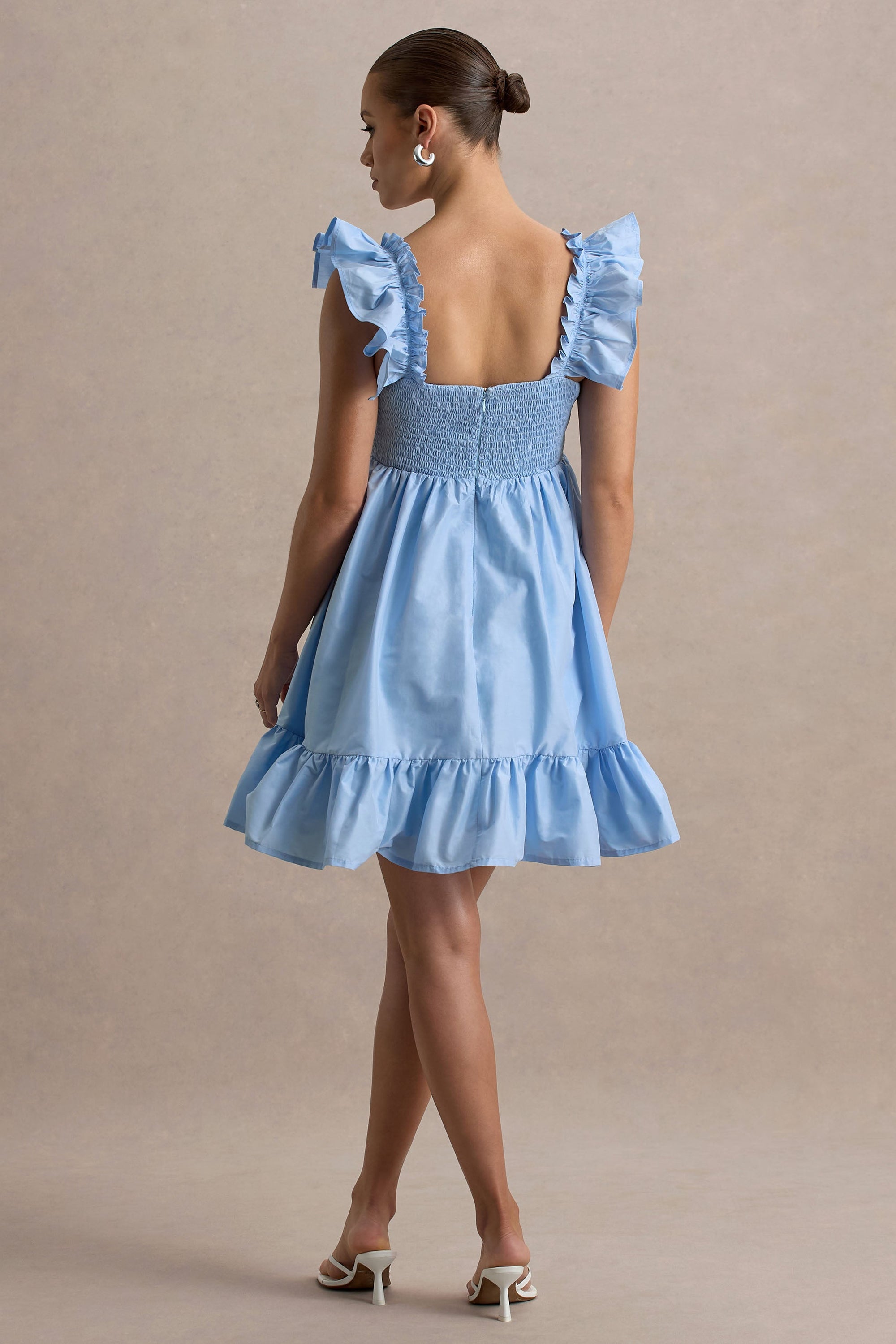 Dolly Daze | Błękitna Babydoll Sukienka Ciążowa Mini z bufiastymi rękawami