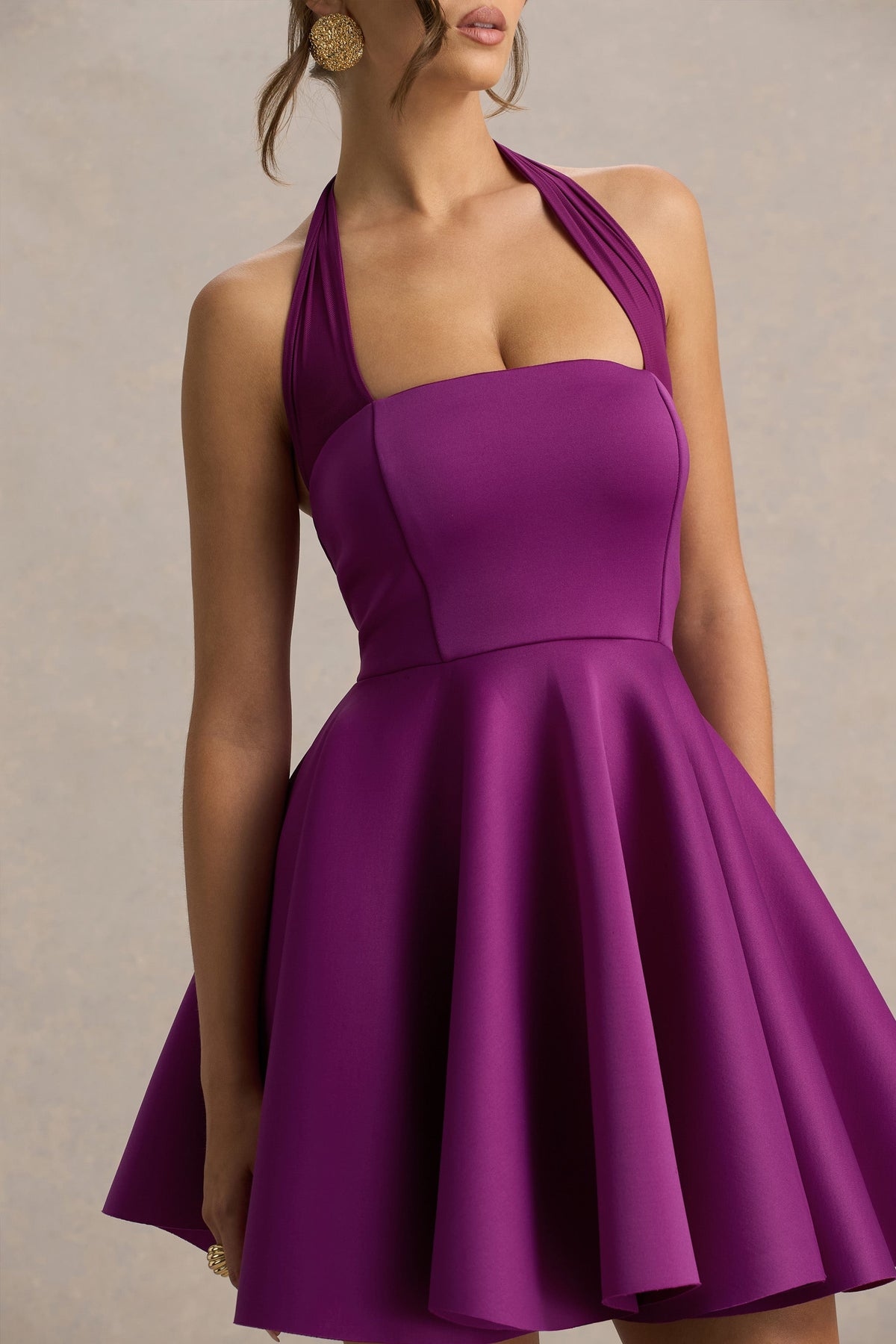 Peggy | Ciemno-purpurowa Sukienka mini typu Skater z dekoltem typu halter