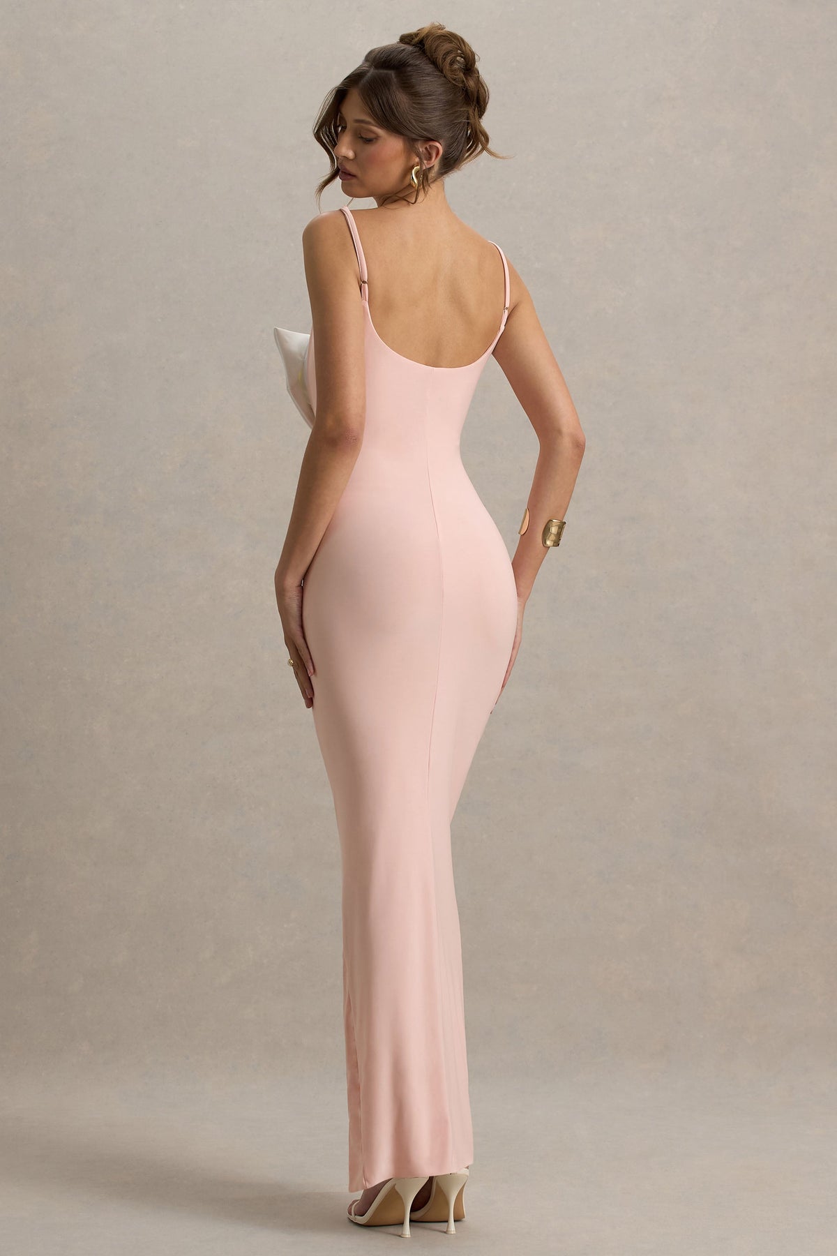 Emmalou | Różowa i Biała Sukienka Maxi z Rozcięciem i Kokardą