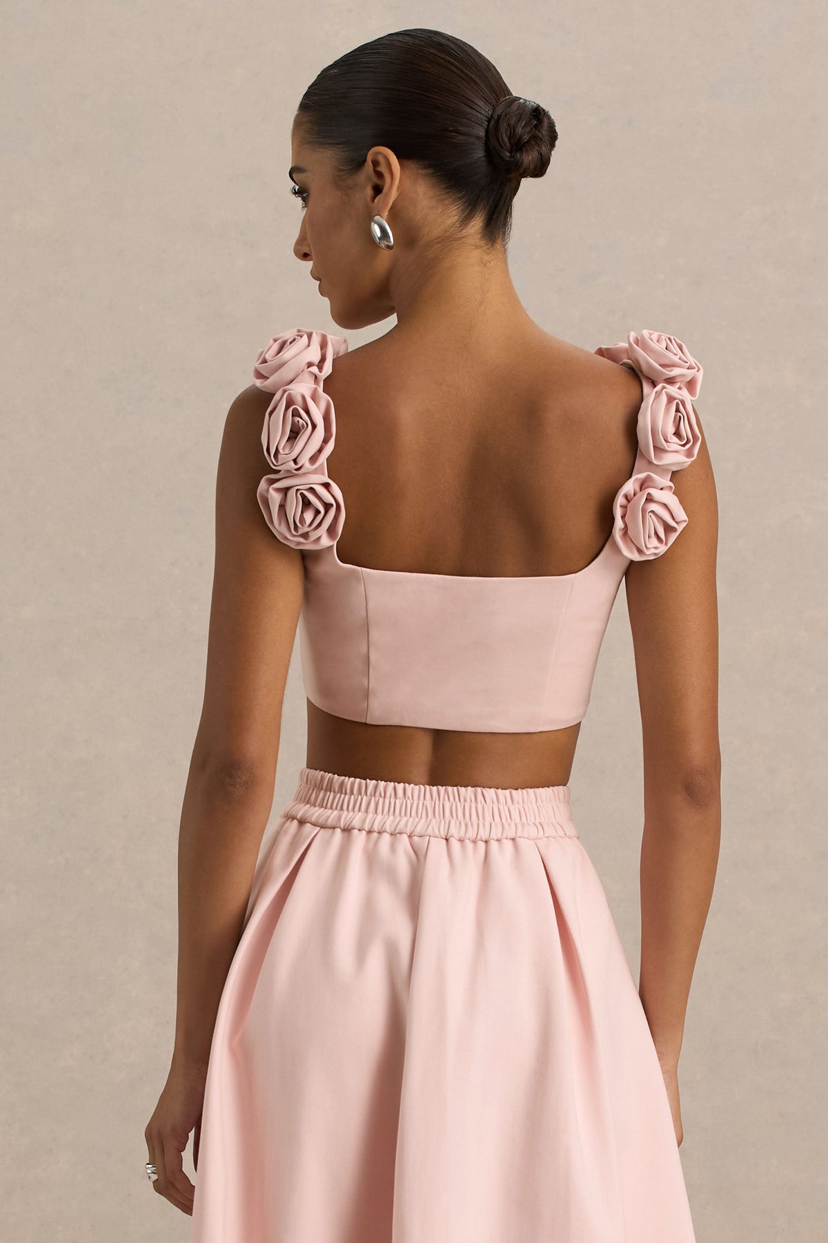 Blade | Różowy Crop Top z Okrągłym Dekoltem i Bukiecikami