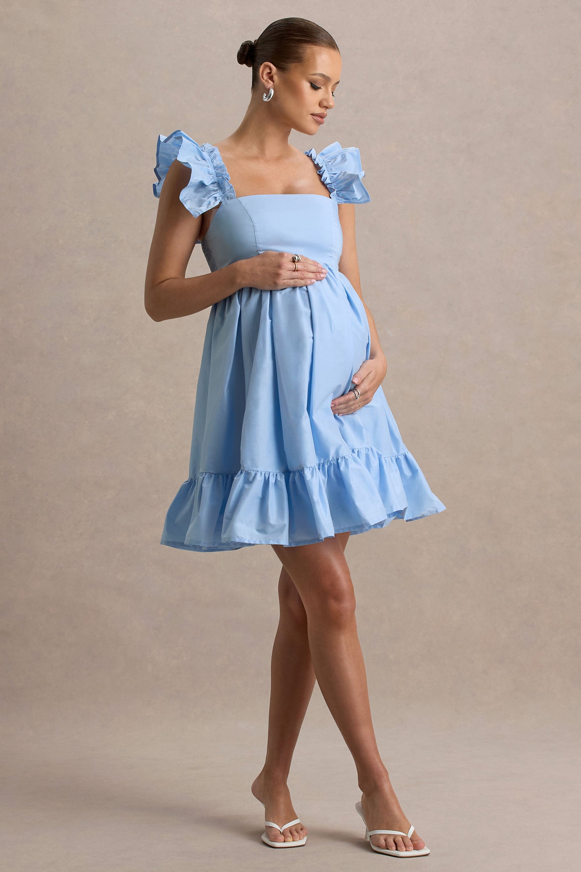 Dolly Daze | Błękitna Babydoll Sukienka Ciążowa Mini z bufiastymi rękawami
